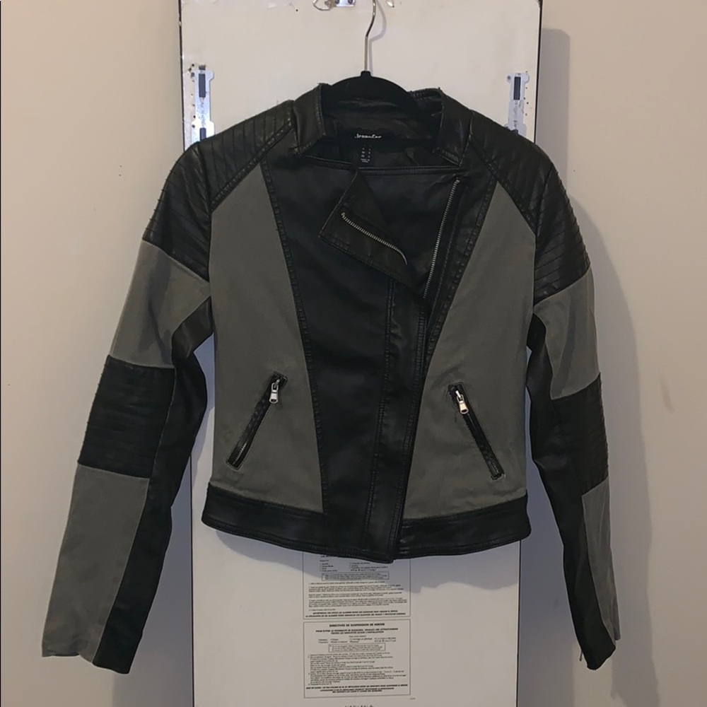 Black & army green pleather, asymmetrical jacket